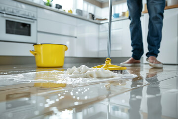 Young man mopping floor in modern kitchen, closeup. Housekeeping job or routine homework concept - 779840422