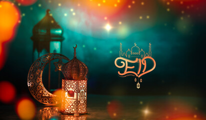 Colourful Eid Poster image, Lantern lamp with crescent moon and Eid calligraphy text