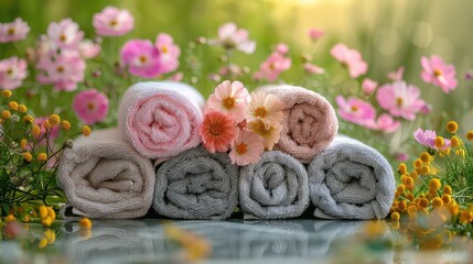 Obraz na płótnie Canvas roll up of towel flowers for massage spa