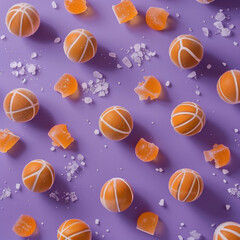 Summer decoration concept lots of little basketball  that look like ice cubes and sand all over the place. The background is purple