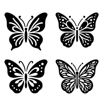 Butterfly black and white silhouette. Line drawing set of four butterflies. Isolated on transparent background. PNG file.