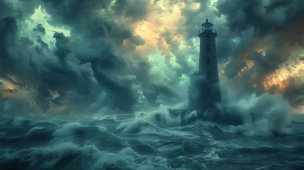 Poster An abandoned lighthouse standing tall against a stormy sky, waves crashing against the rocky shore below © forall
