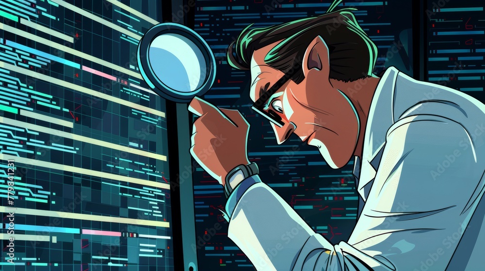 Poster the code testing cartoon banner illustrates functional testing, programming methodologies, search er