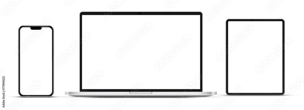 Poster Modern laptop mockup front view and high quality smartphone and tablet mockup isolated on white background. Notebook mockup and phone device mockup for ui ux app and website presentation.Stock Vector.