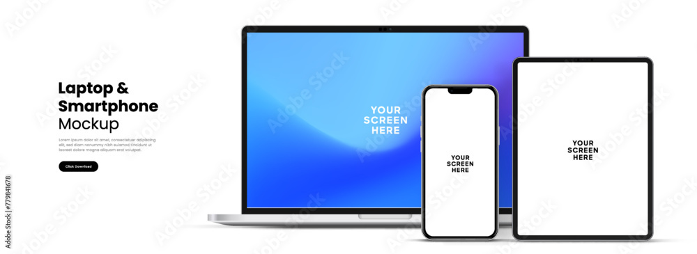 Poster Modern laptop mockup front view and high quality smartphone and tablet mockup isolated on white background. Notebook mockup and phone device mockup for ui ux app and website presentation.Stock Vector.