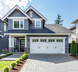 front of beautiful gray craftsman style home with white trim, garage door and double car driveway on sunny day in the pacific northwest stock photo contest winner