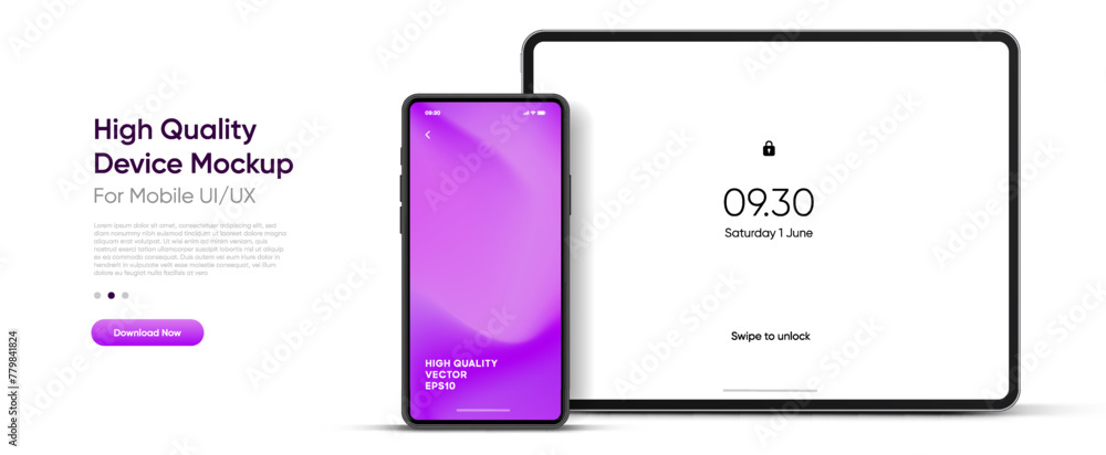 Leinwandbilder Modern tablet mockup front view and high quality smartphone and tablet mockup isolated on white background. Notebook mockup and phone device mockup for ui ux app and website presentation.Stock Vector.