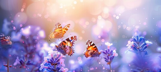 Beautiful flowers whose nectar attracts colorful butterflies and the butterflies sit on those flowers. - obrazy, fototapety, plakaty