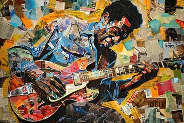 A vibrant graffiti mural showcases a musician playing a guitar, meticulously crafted from colorful newspaper clippings and magazine cutouts.