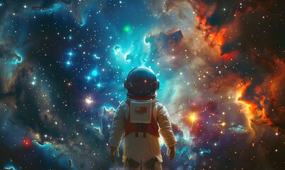 Fantasy illustration, a boy dressed as an astronaut looking at the starry sky and universe, child dream and hope concept. - obrazy, fototapety, plakaty