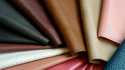 Luxury Synthetic Leather Samples Fabric Swatches Various Colors and Textures, Top View