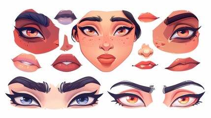 An avatar creation tool for creating girl faces with different head parts. Modern cartoon set with young woman eyeballs, noses, brows, and lips.