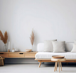 Template of minimalist scandinavian living room, wooden furniture and white walls.  Interior mockup with clean walls for pictures, posters, paintings, sculptures, and other wall art. 