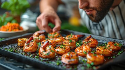 shrimps being cooked - obrazy, fototapety, plakaty