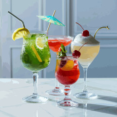 A frontal view of freshly made, chilled cocktails in glasses with a white backdrop Vector