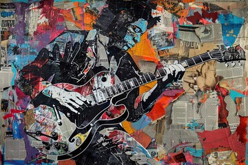 A street art masterpiece comes alive with a musician playing a guitar, pieced together from weathered newspaper and glossy magazine cutouts with explosive colors.