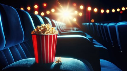 Cozy Cinema Ambiance with Popcorn on Plush Seats - obrazy, fototapety, plakaty