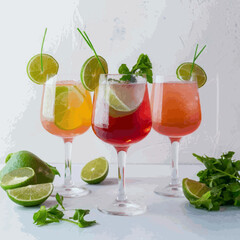 A frontal view of freshly made, chilled cocktails in glasses with a white backdrop Vector