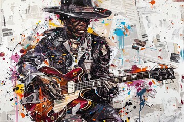 Layers of textures and colors explode in a graffiti artwork featuring a musician and their guitar, meticulously constructed from newspaper clippings and magazine fragments.