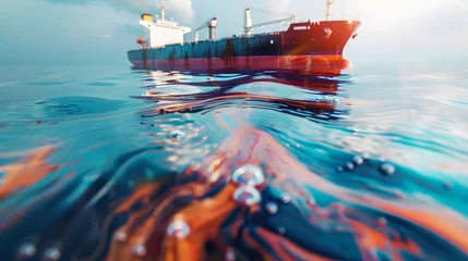 Tuinposter Oil floating on the surface of the ocean, water pollution and chemicals create problems for the environment, living things and natural resources © Slowlifetrader