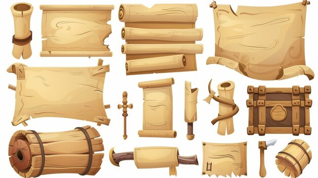 Icons set of cartoon parchment rolls, blank scrolls and papers, old maps or documents isolated on white background, cartoon illustration.