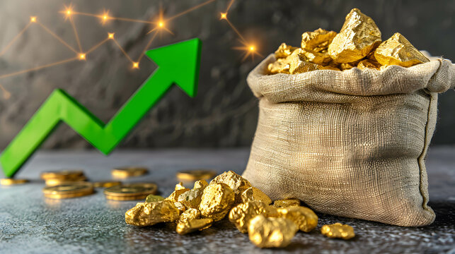 Overturned sack of gold nuggets on grey table and arrow up showing gold price increase, demand and supply in gold concept