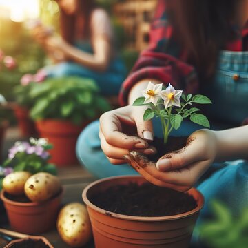 Gardeners hands planting flowers. Hand holding small flower in the garden generated by ai