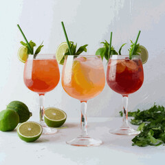 A frontal view of freshly made, chilled cocktails in glasses with a white backdrop Vector
