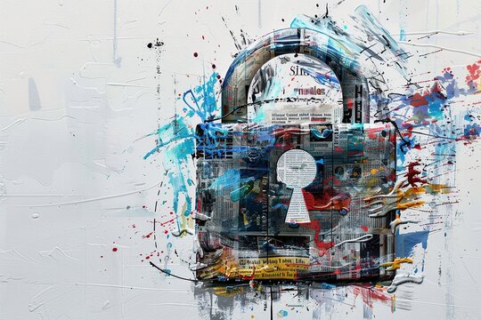 A highly detailed graffiti artwork depicting a padlock formed from colorful newspaper clippings and magazine cutouts, symbolizing internet security and data protection.