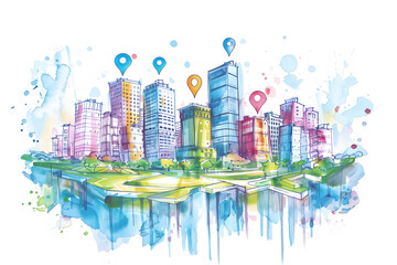 Obraz premium Concept sketches for real estate investment portfolios, showcasing a diverse mix of properties and assets, with big pin icons