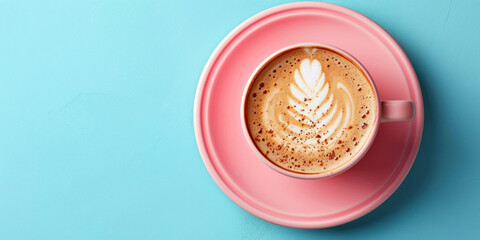 Delicious cappuccino in a white cup on a pastel pink saucer on a vibrant blue background