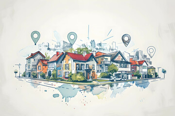 Concept sketches for real estate investment portfolios, showcasing a diverse mix of properties and assets, with big pin icons