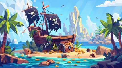 Modern cartoon sea landscape with gold coins and gold chest on a tropical island with broken pirate ship and treasure chest. Modern cartoon sea landscape with sail boat after shipwreck with skull on