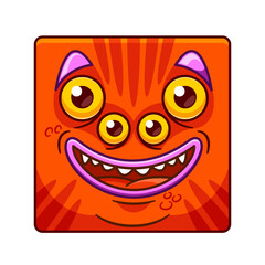 Happy Cartoon Monster Character Face with a Wide Smile, Square Icon Or Avatar. Funny Beast with Bulging Multiple Eyes - 779843480