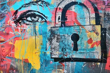 A highly detailed graffiti artwork depicting a padlock formed from colorful newspaper clippings and magazine cutouts, symbolizing internet security and data protection.