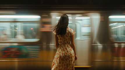 woman in a summer dress standing at a train underground station train passing the station