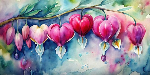 Beautiful Bleeding Heart painted with watercolor, Bleeding Heart Watercolor, Spring Watercolor flowers, Spring Background