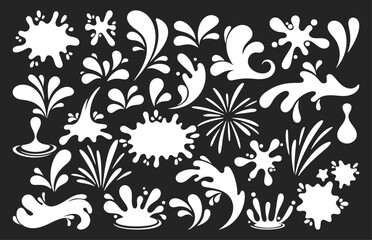 White Splashes And Blobs, Abstract Elements and Patterns Isolated on Black Background. Fluid Splashing Forms