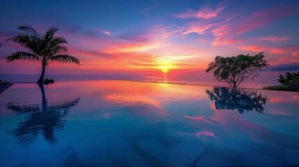 Fototapeta na wymiar Majestic Sunset at Ocean With Palm Tree
