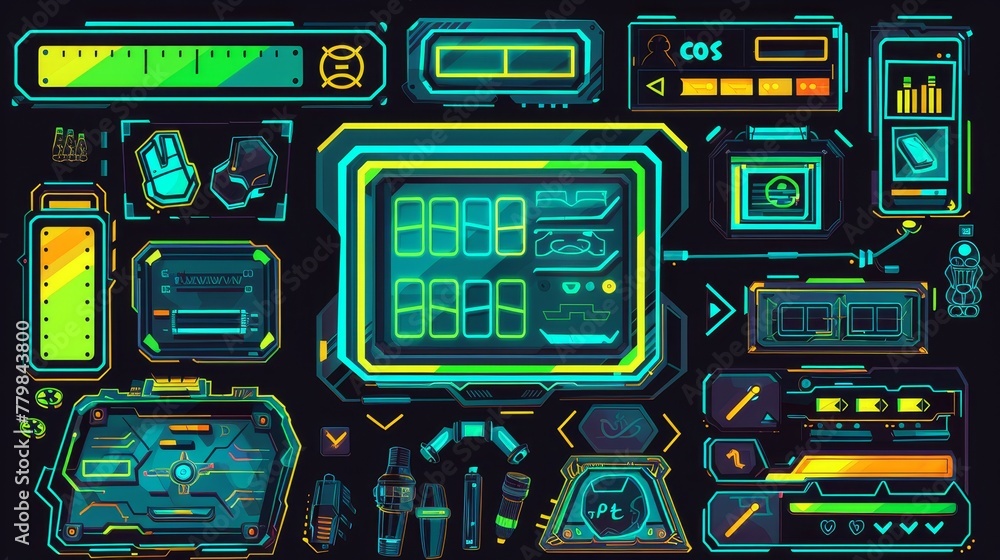 Aufkleber design elements, menus and user interface assets in sci-fi style. a modern cartoon set of futuristic