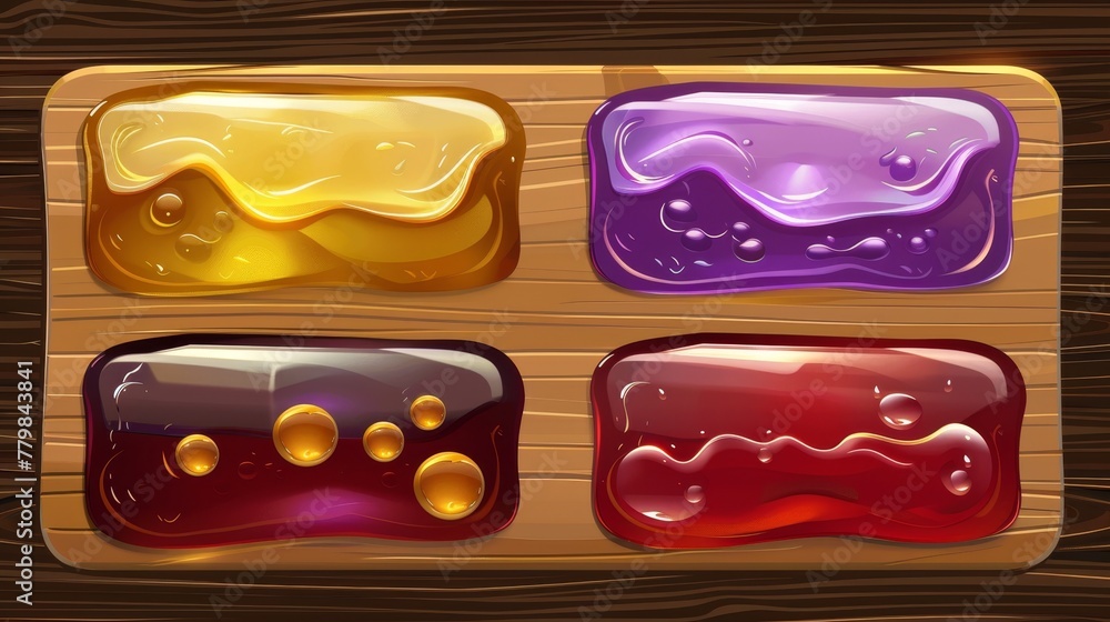 Poster a set of rectangle buttons made of golden, wood, and water textures for use in ui designs. an isomet