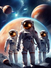 Astronauts in space in a spacesuit. Cosmonautics Day beautiful realistic art. Space Day banner design - obrazy, fototapety, plakaty