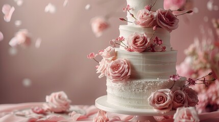Elegant Wedding Cake With Pink Flowers on Table