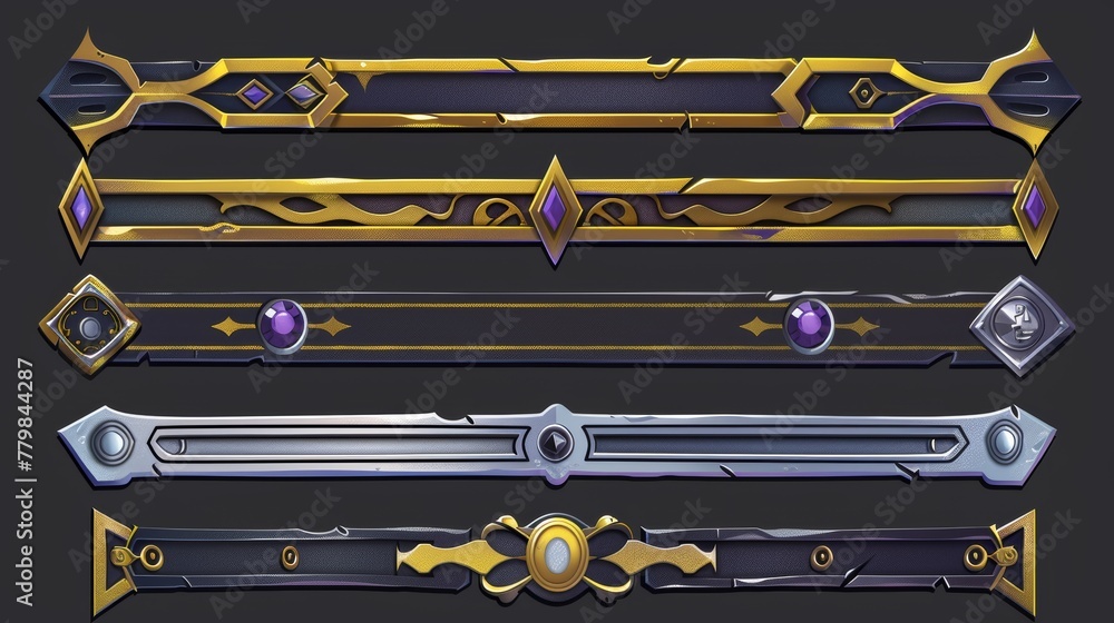 Poster animated set of fantasy frames with gold and silver borders for ui design in a role-playing video ga