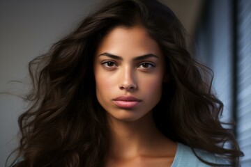 Elegant Pretty Latin supermodel. Gorgeous brunette model with straight hair. Generate ai - obrazy, fototapety, plakaty