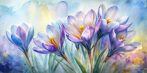 Beautiful Crocuses painted with watercolor, Crocuses Watercolor, Spring Watercolor flowers, Spring Background