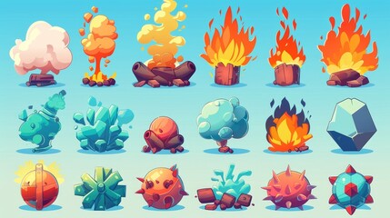 Cartoon dynamite or bomb explosion, fire set. Boom clouds and smoke elements, atomic comic detonators for mobile animation, isolated modern icons.