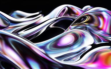Metallic 3D of abstract silk flowing futuristic holographic iridescent flow on black background.