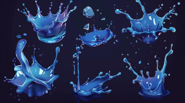 Video effect set with water splash, vfx and swirls. Blue water spray motion, spatter blast, drips or ripples, modern illustration.