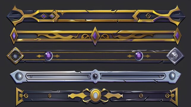 Animated set of fantasy frames with gold and silver borders for UI design in a role-playing video game.